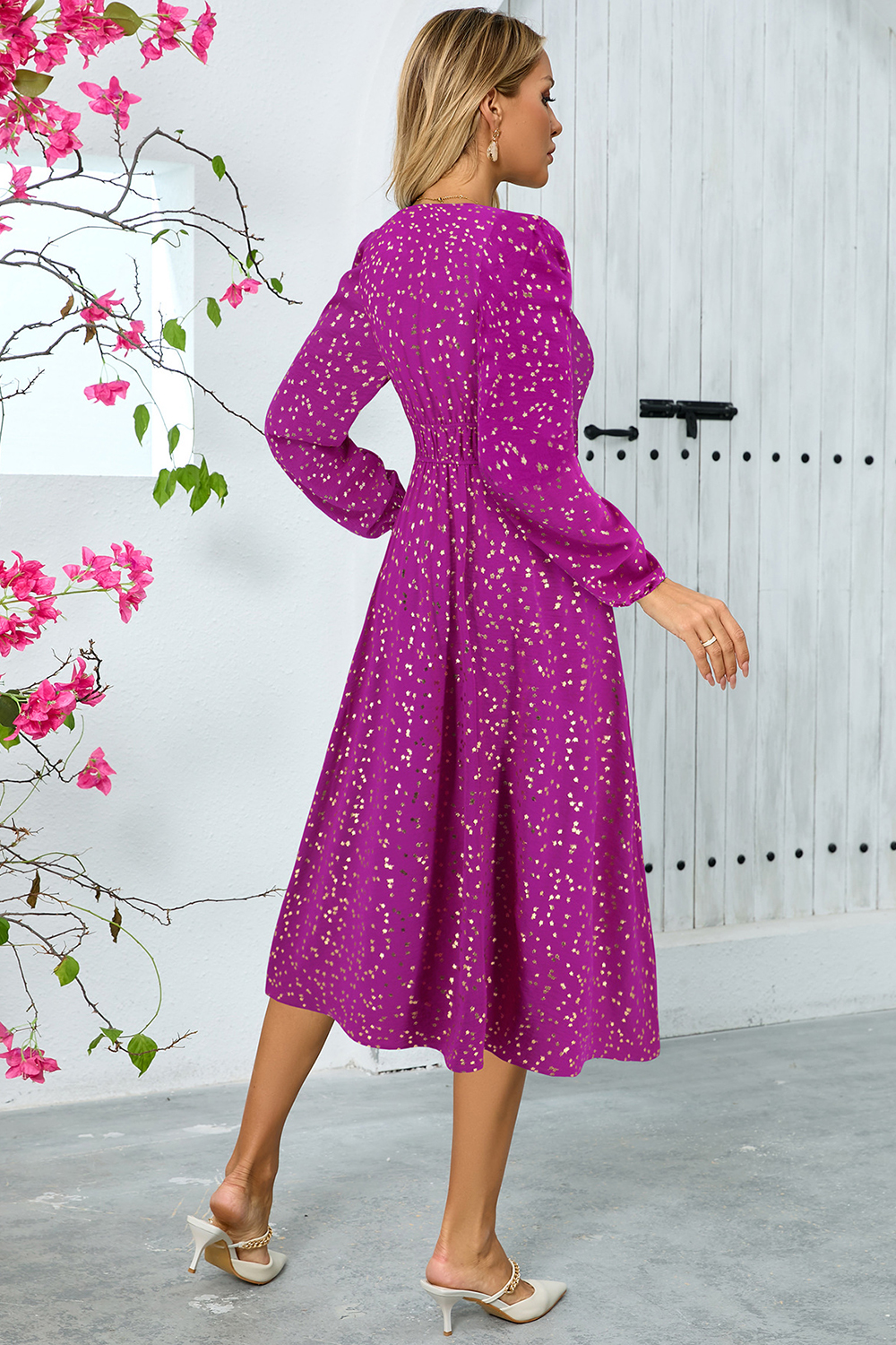 V-Neck Sequin Ruched Puff Sleeve Long Cocktail Dress