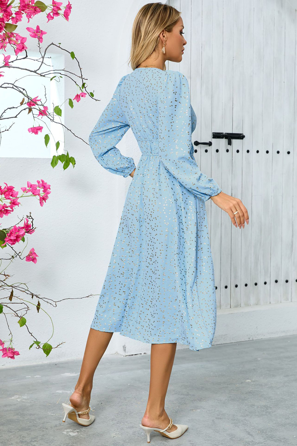 V-Neck Sequin Ruched Puff Sleeve Long Cocktail Dress