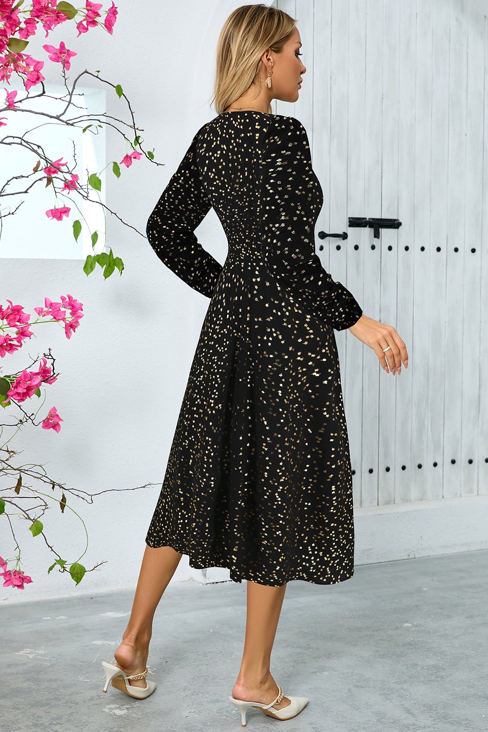 V-Neck Sequin Ruched Puff Sleeve Long Cocktail Dress