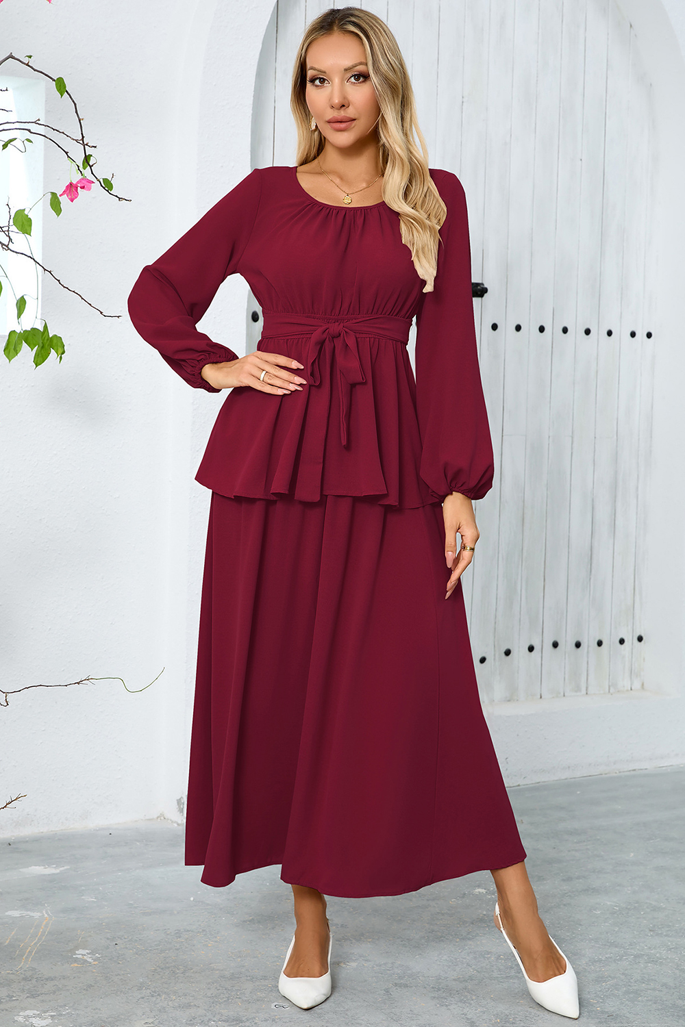 Ruched Split High-Waist Puff Sleeve Long Cocktail Dress