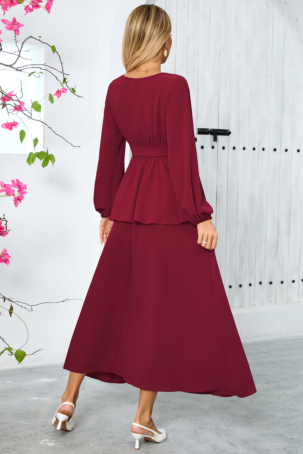 Ruched Split High-Waist Puff Sleeve Long Cocktail Dress