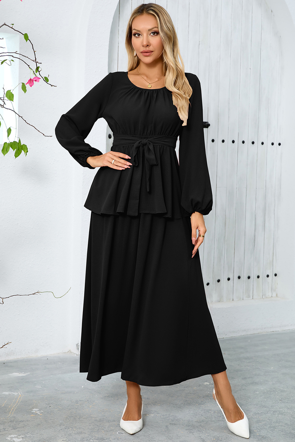 Ruched Split High-Waist Puff Sleeve Long Cocktail Dress