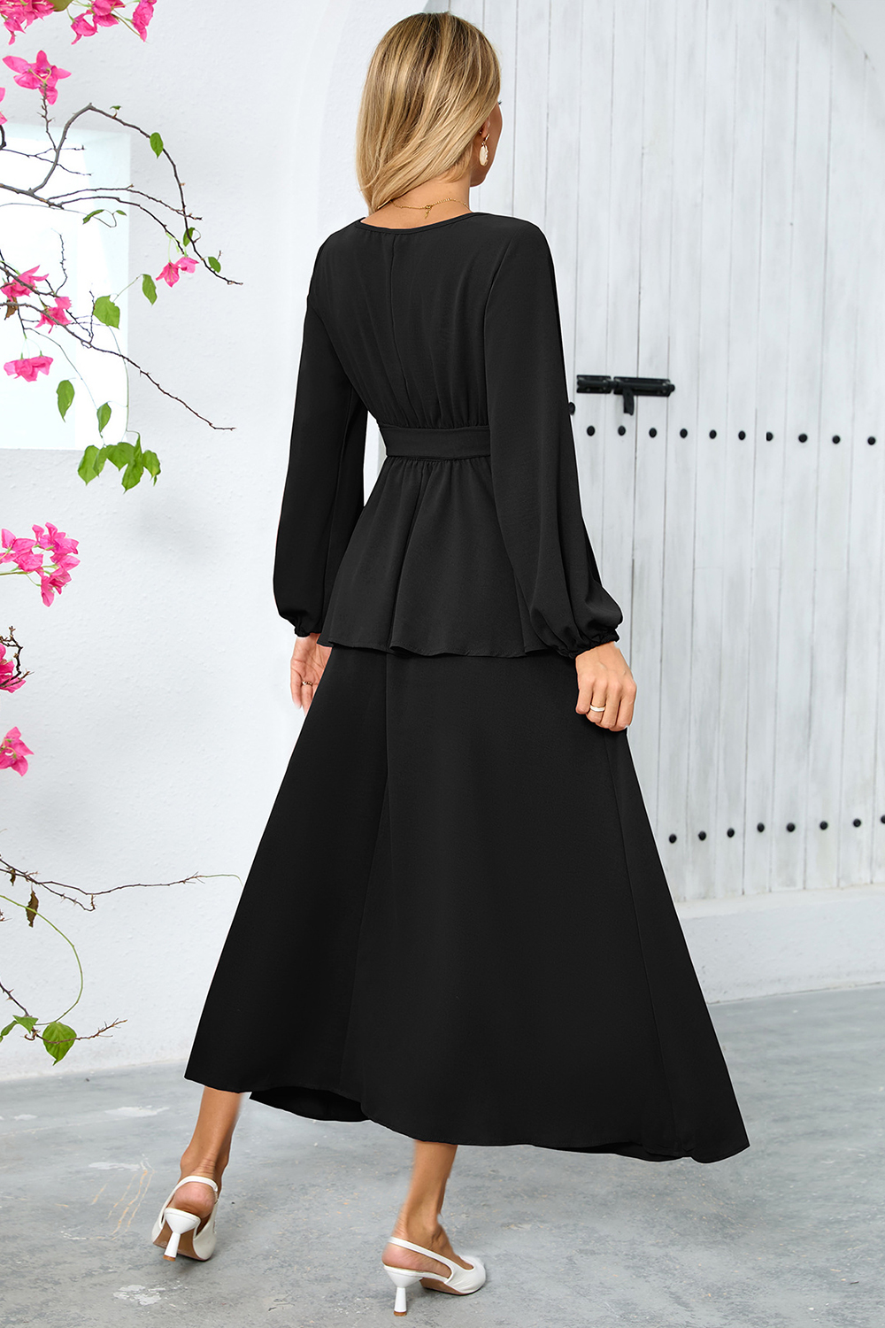 Ruched Split High-Waist Puff Sleeve Long Cocktail Dress