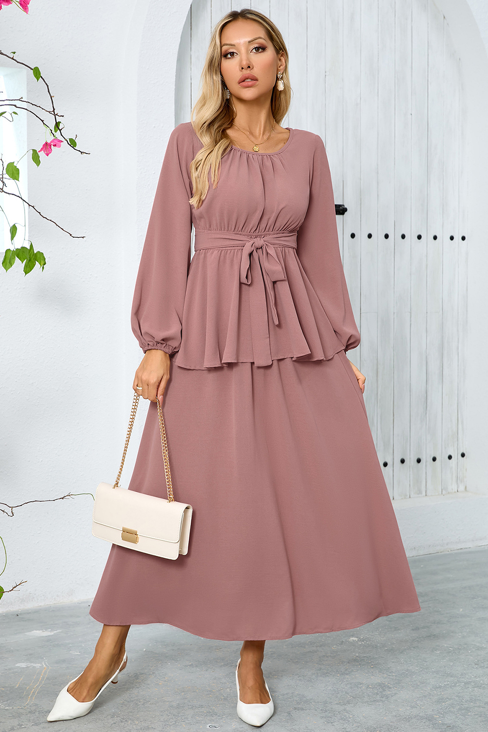 Ruched Split High-Waist Puff Sleeve Long Cocktail Dress