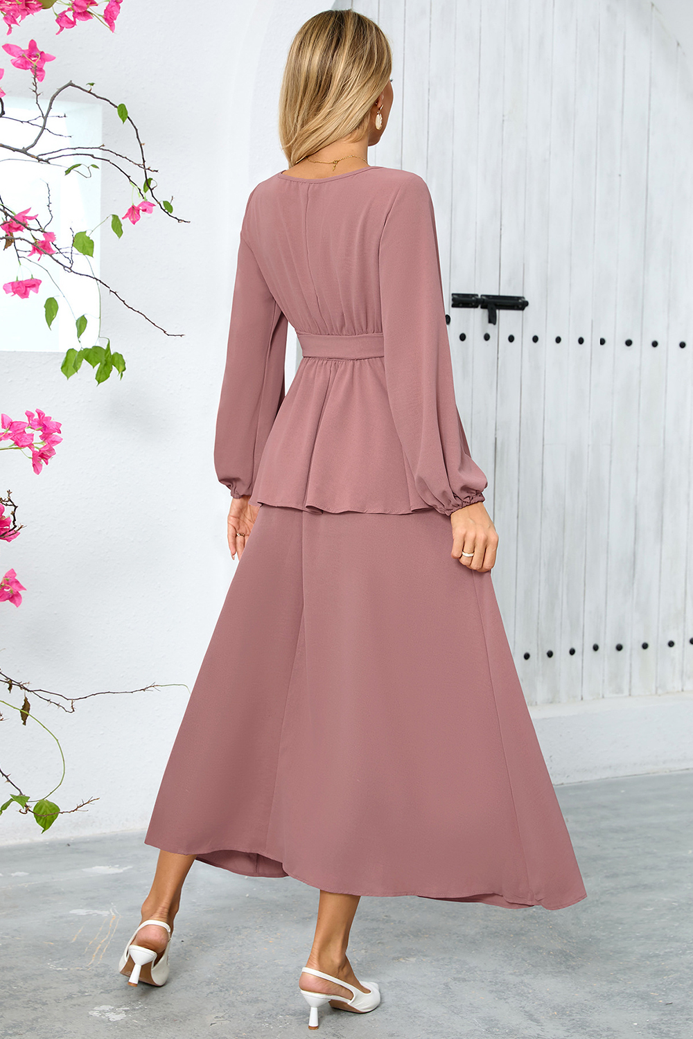Ruched Split High-Waist Puff Sleeve Long Cocktail Dress