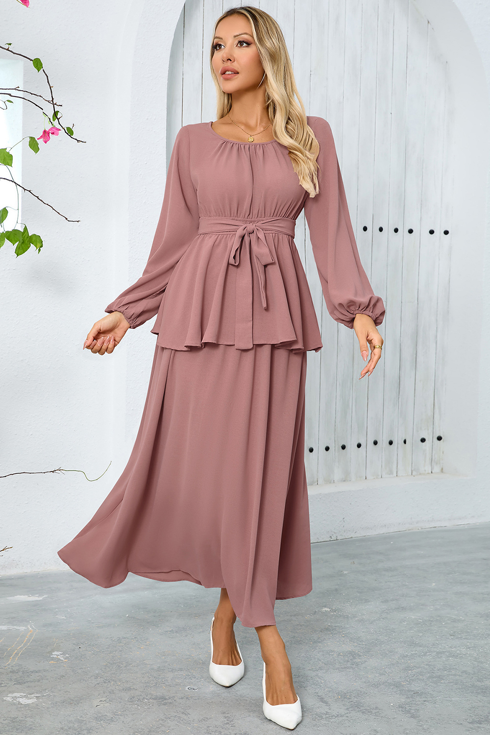 Ruched Split High-Waist Puff Sleeve Long Cocktail Dress