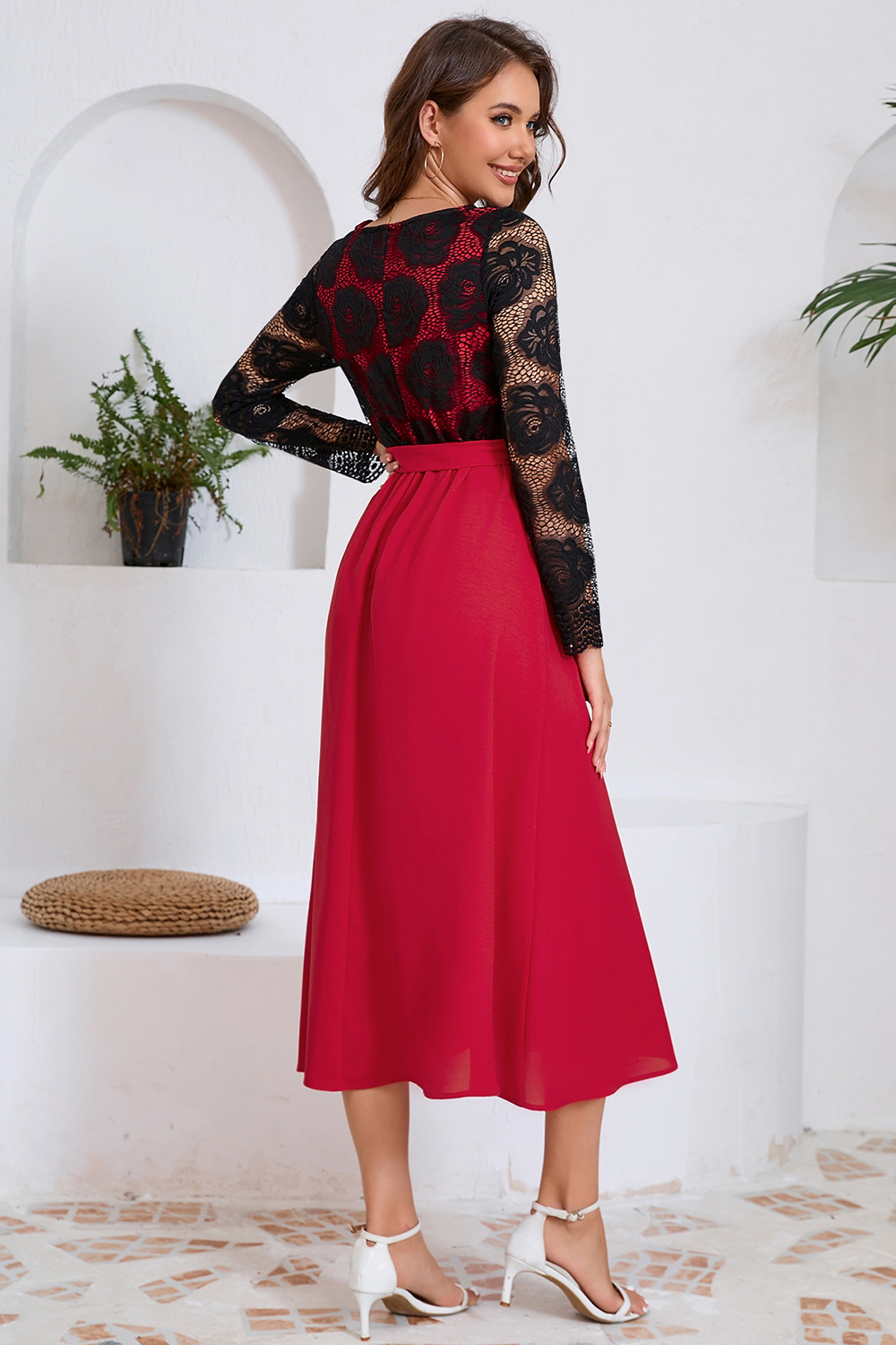 Rose Pattern Lace Long Dress with Waist Cinch Cocktail Dress