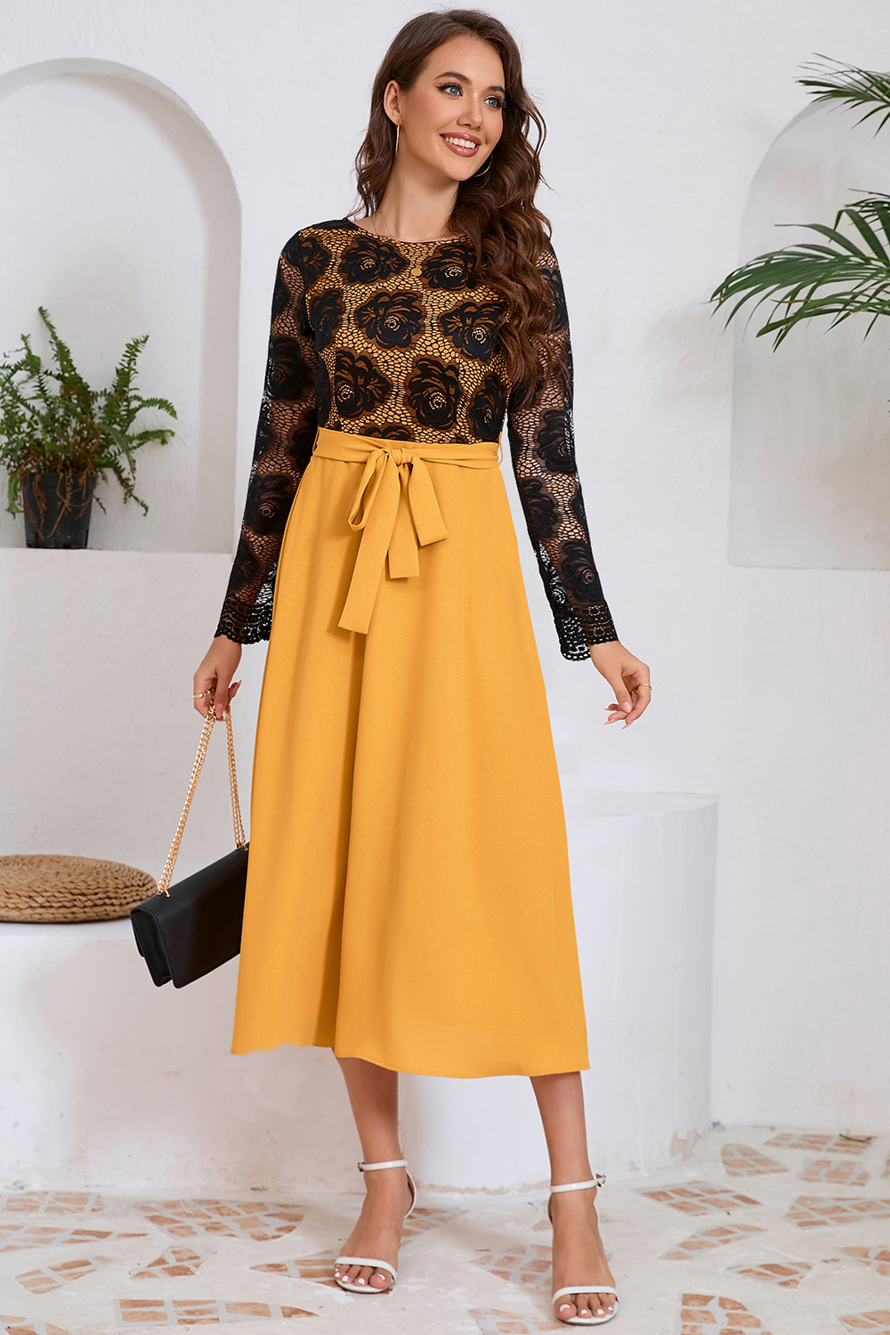 Rose Pattern Lace Long Dress with Waist Cinch Cocktail Dress