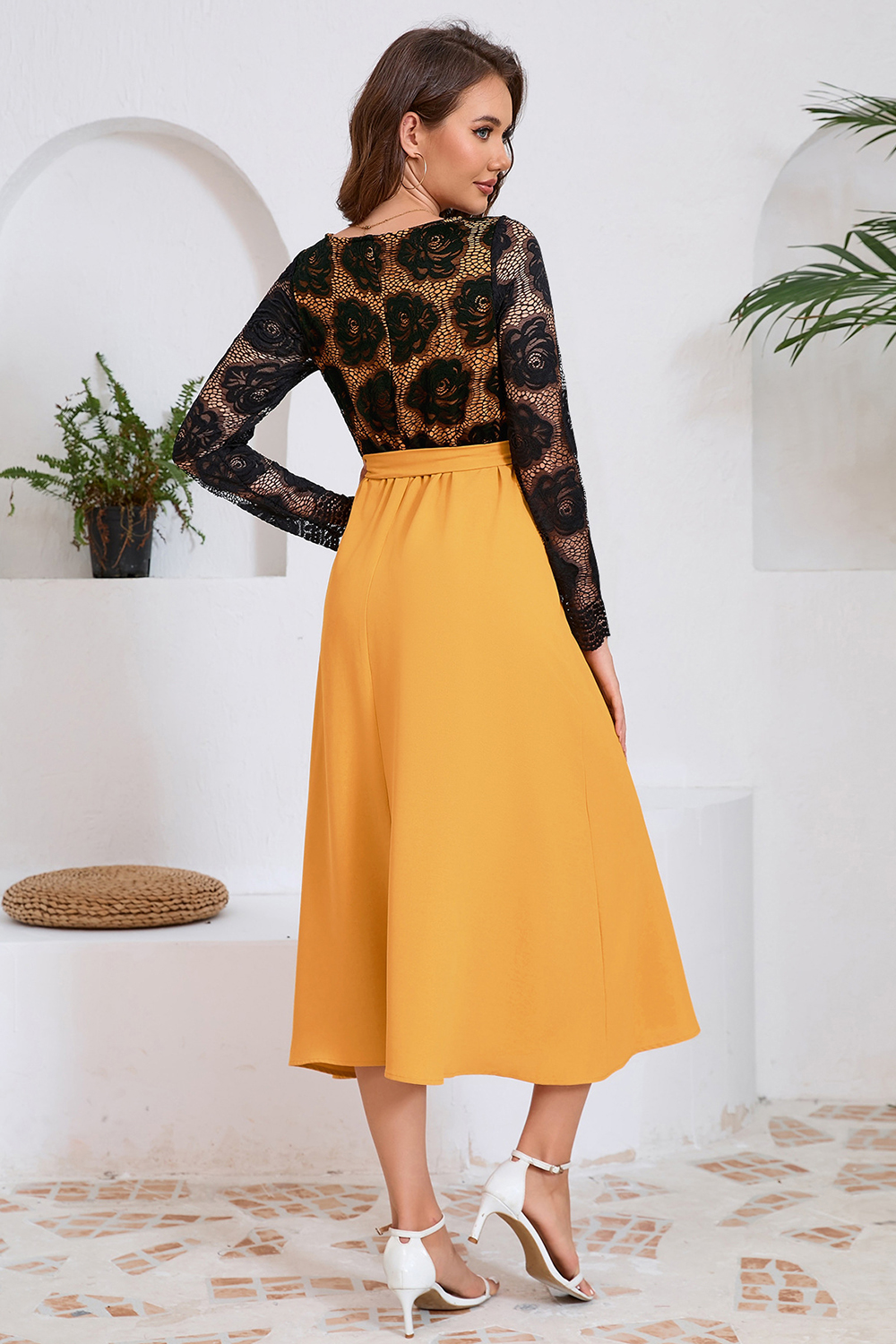 Rose Pattern Lace Long Dress with Waist Cinch Cocktail Dress