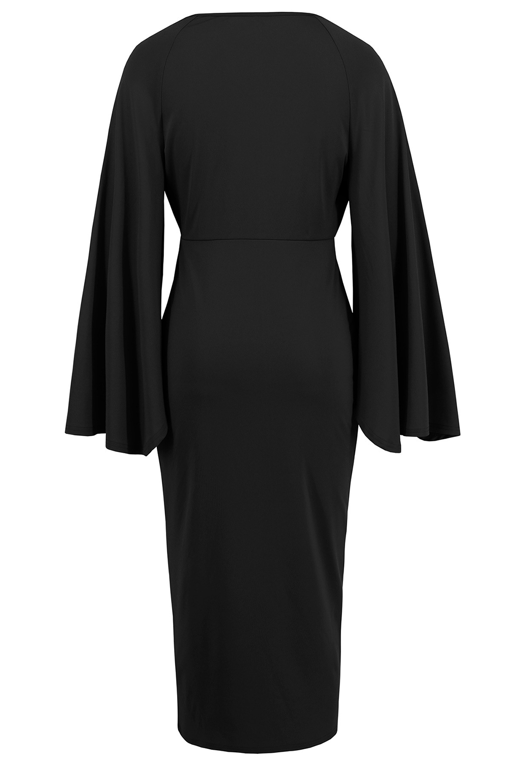 Deep V-Neck Ruched Flared Sleeve Midi Cocktail Dress