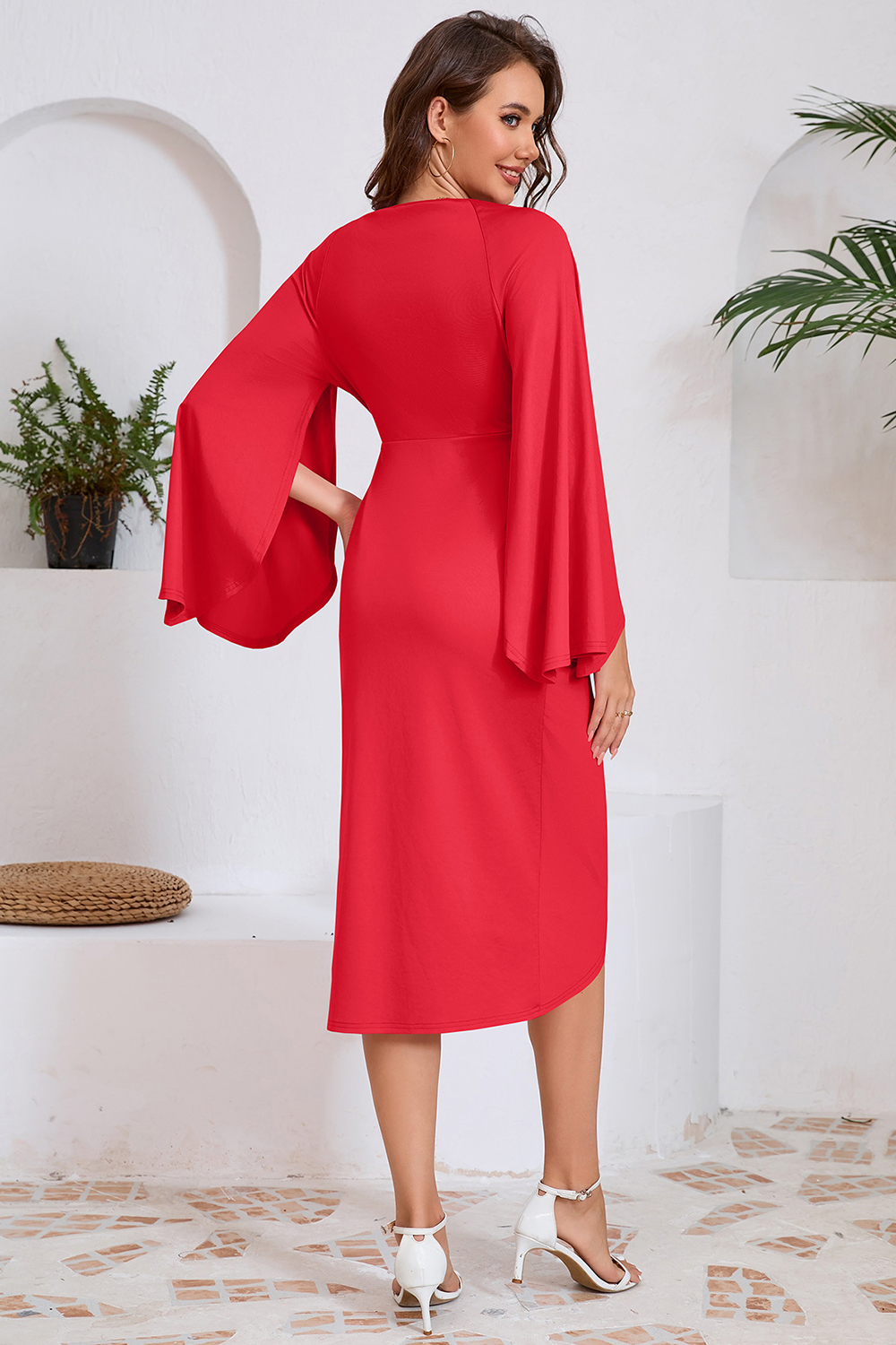 Deep V-Neck Ruched Flared Sleeve Midi Cocktail Dress