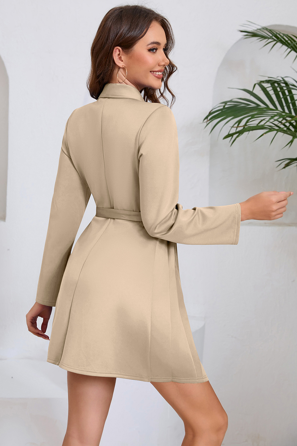 Asymmetrical Neckline Long Sleeve Ruched Tie-Waist Cocktail Dress