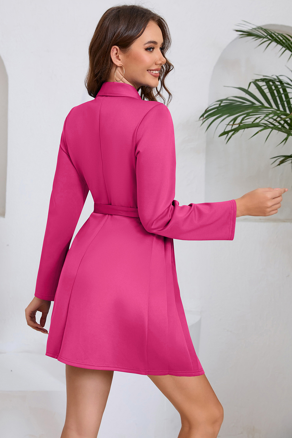 Asymmetrical Neckline Long Sleeve Ruched Tie-Waist Cocktail Dress