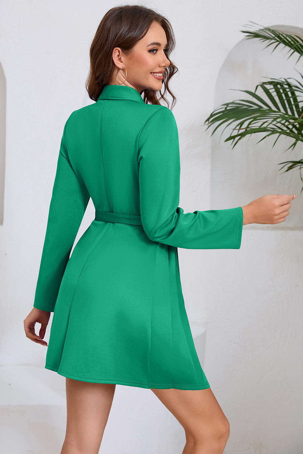 Asymmetrical Neckline Long Sleeve Ruched Tie-Waist Cocktail Dress
