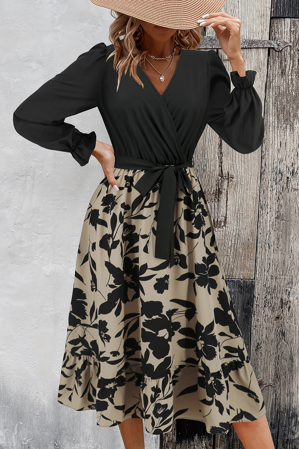 V-Neck Flared Long Sleeve Ruched Floral Midi Cocktail Dress