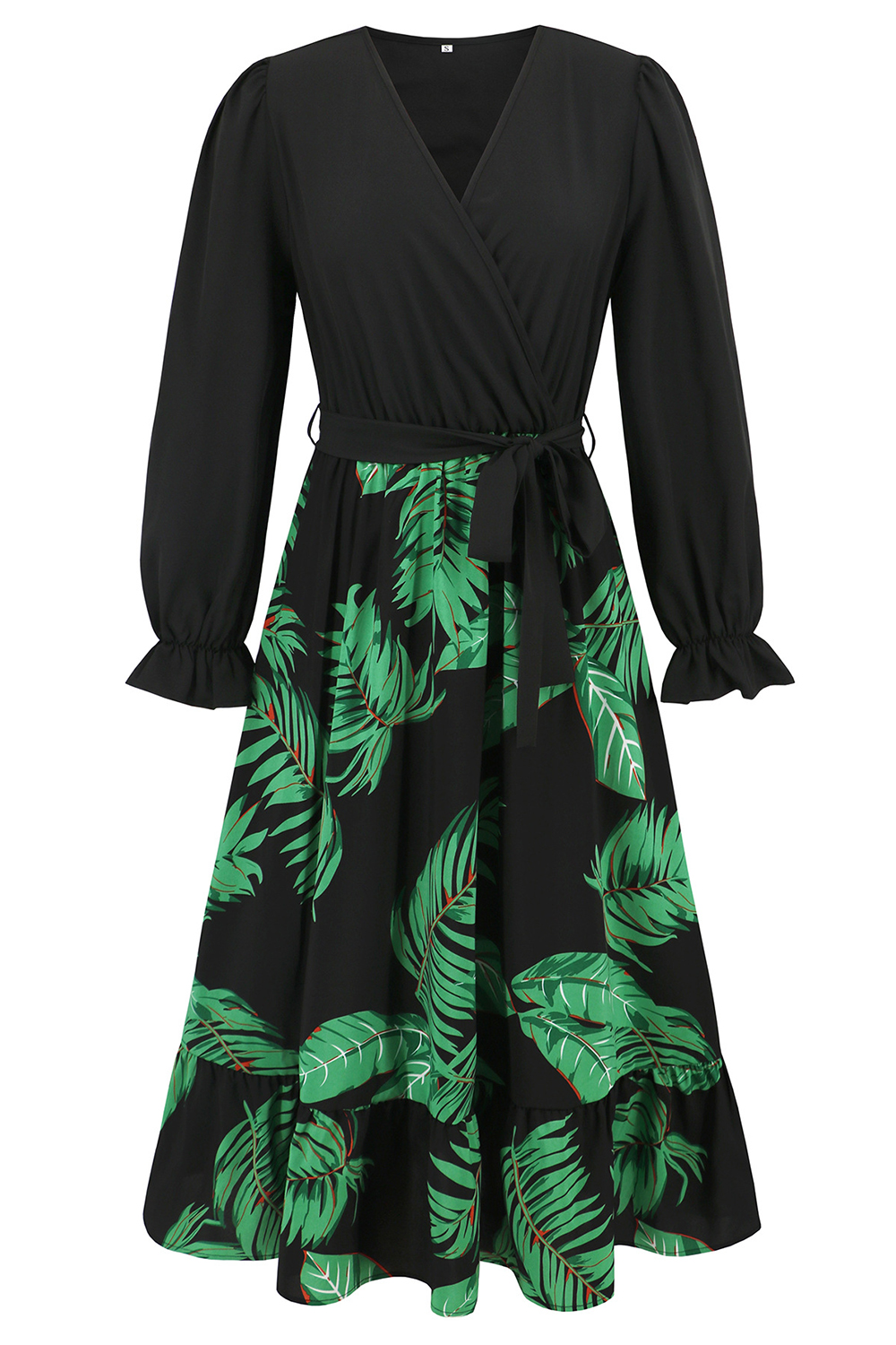 V-Neck Flared Long Sleeve Ruched Floral Midi Cocktail Dress