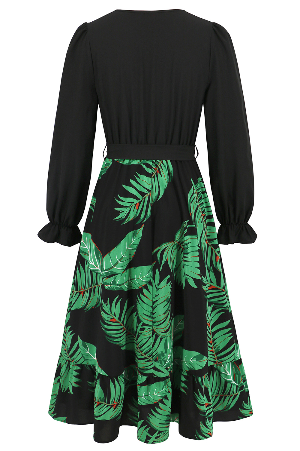 V-Neck Flared Long Sleeve Ruched Floral Midi Cocktail Dress