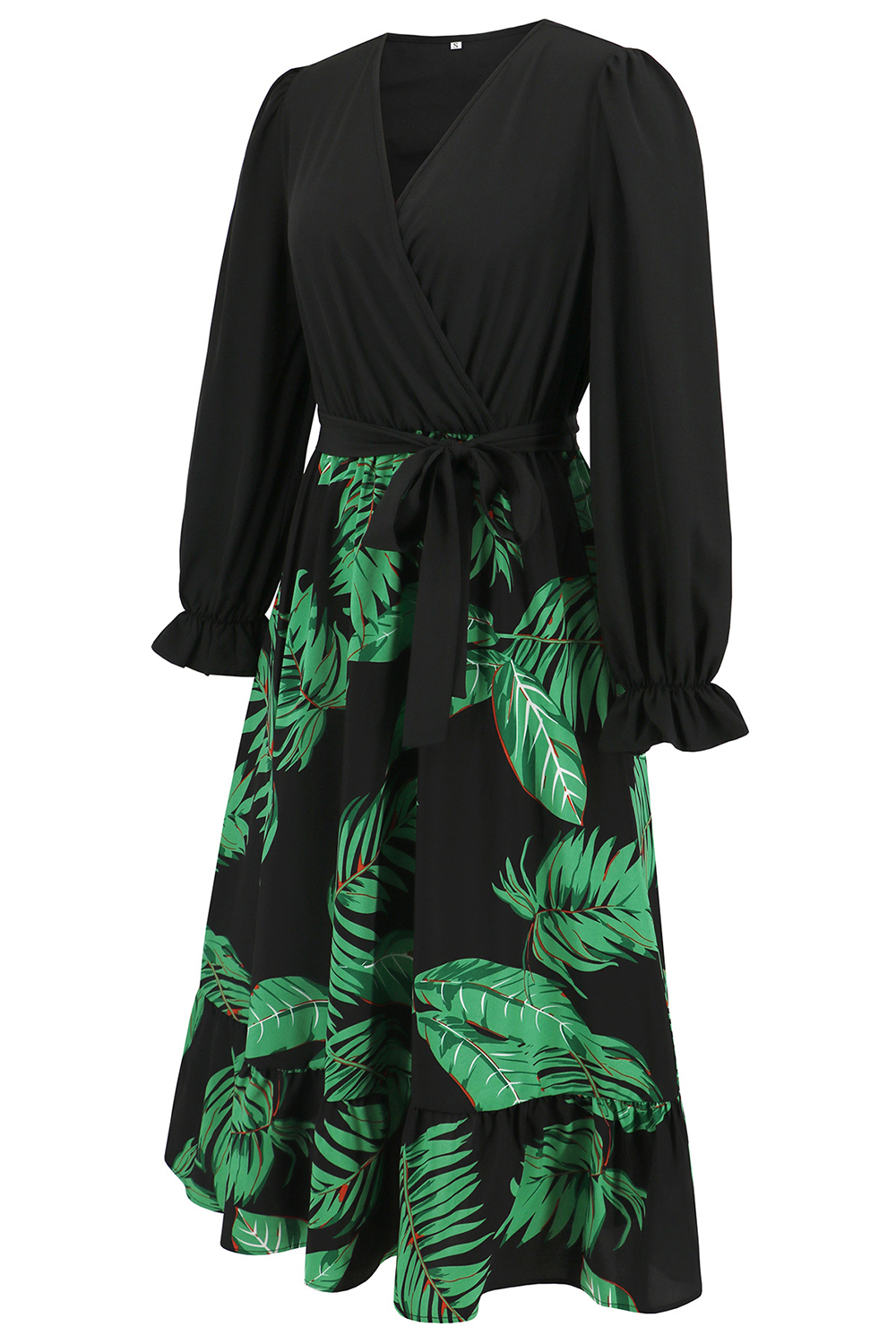 V-Neck Flared Long Sleeve Ruched Floral Midi Cocktail Dress