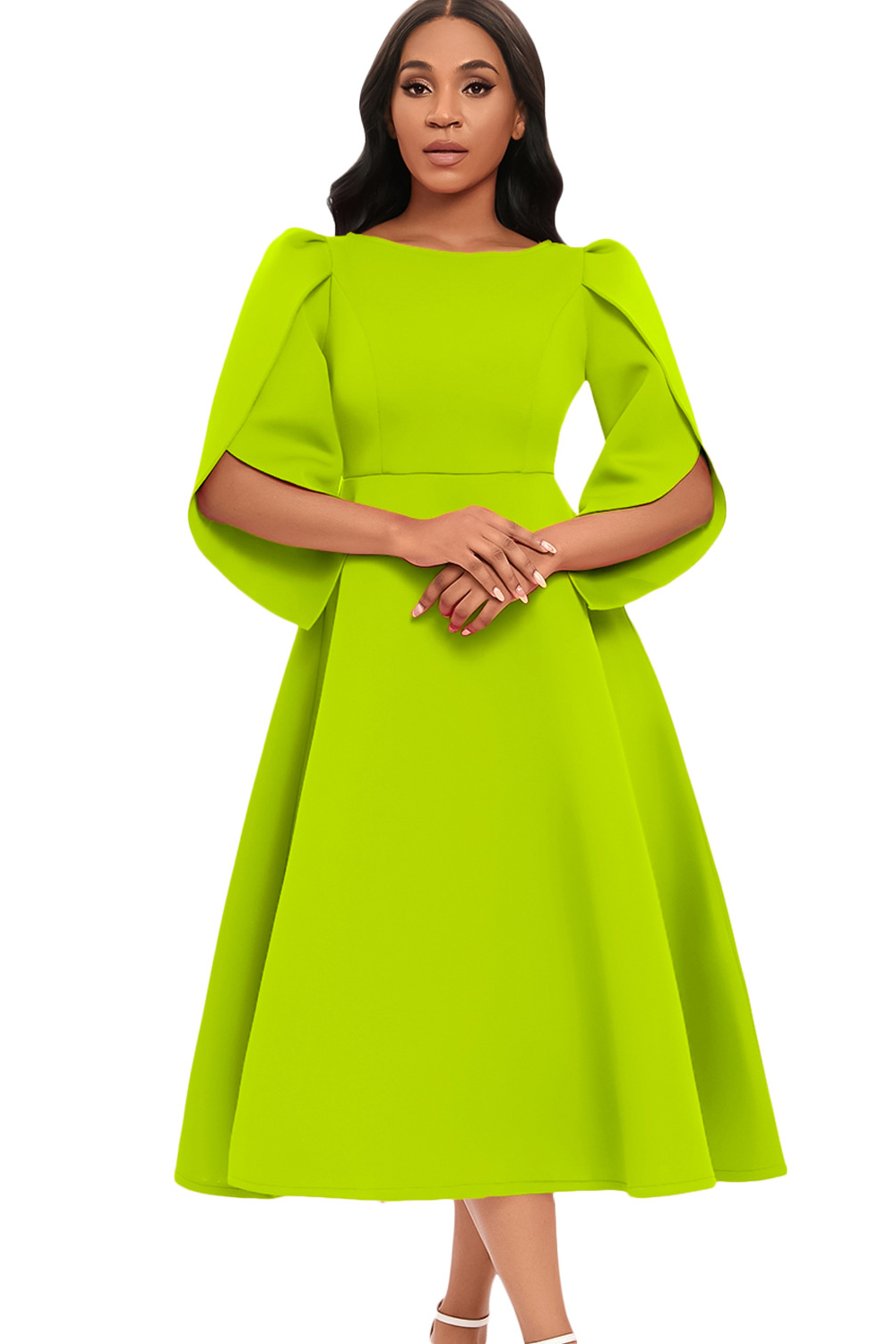 Round Neck Ruched Flared Sleeve Knee-Length Cocktail Dress