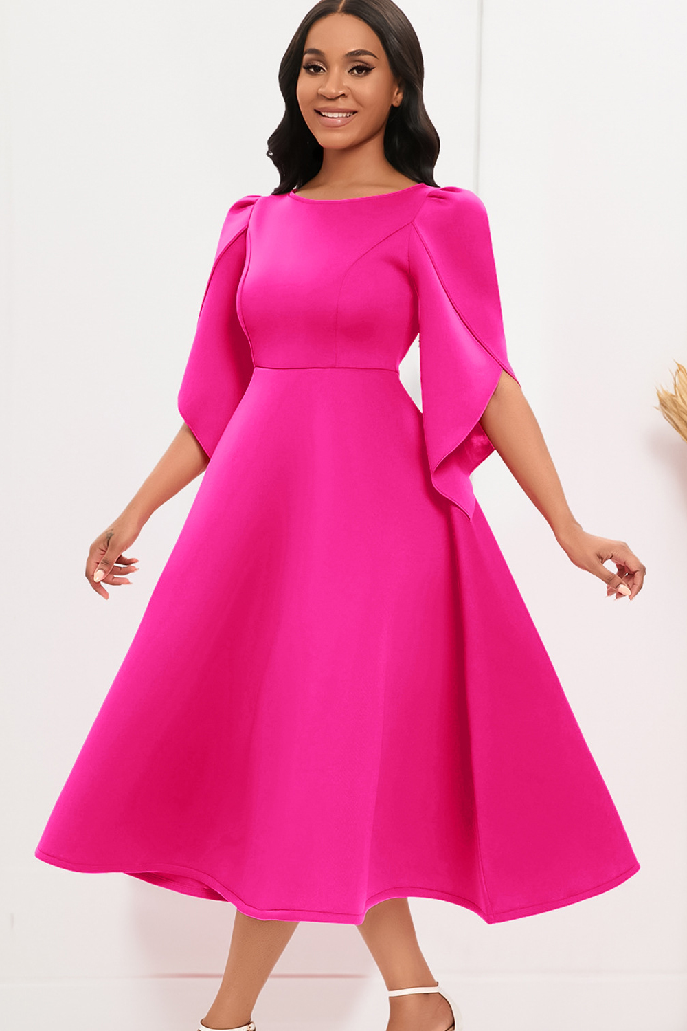 Round Neck Ruched Flared Sleeve Knee-Length Cocktail Dress