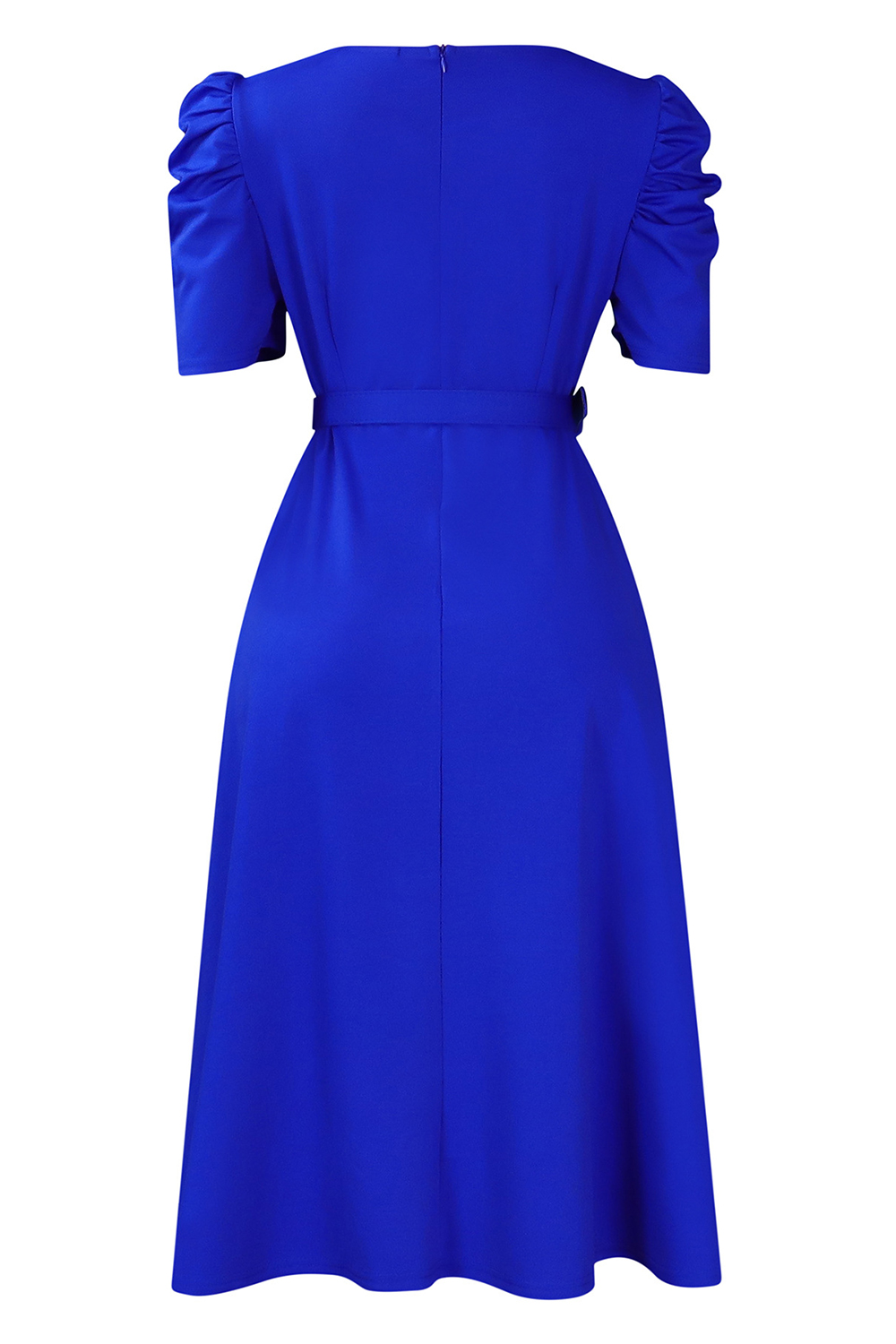 V-Neck Short Sleeve Ruched Waist Midi Dress