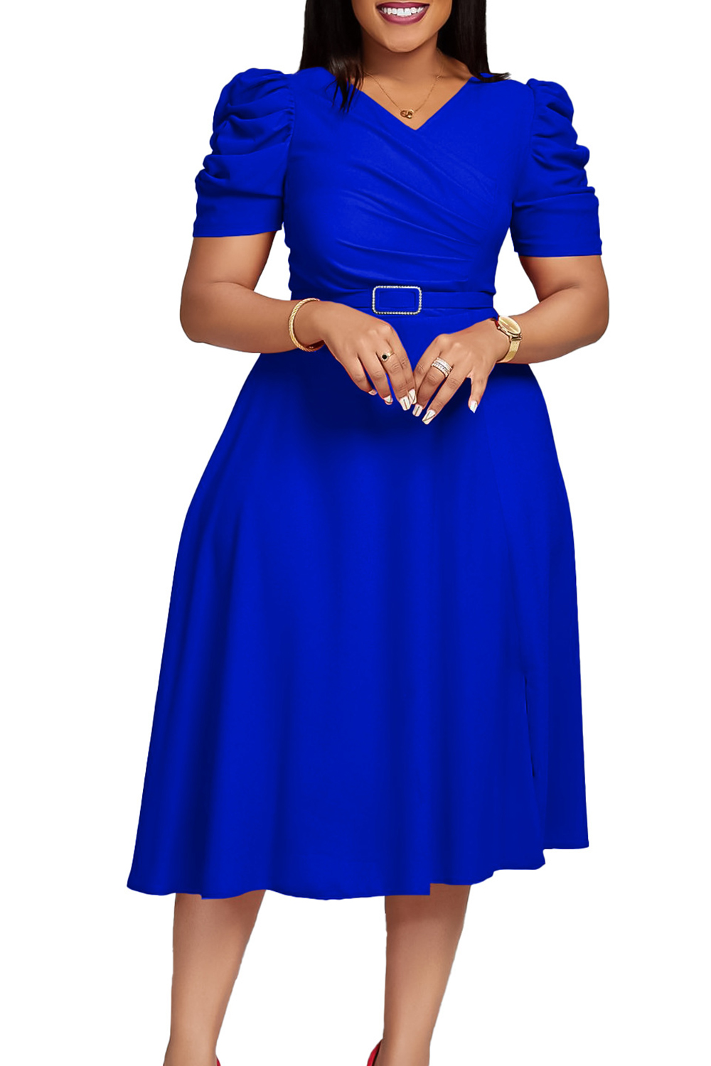 V-Neck Short Sleeve Ruched Waist Midi Dress