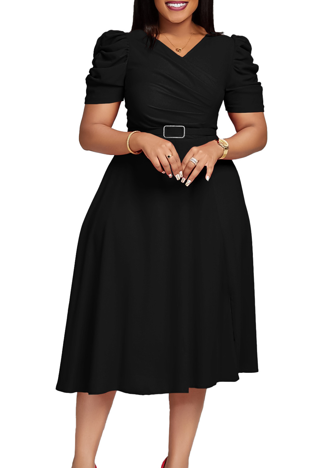 V-Neck Short Sleeve Ruched Waist Midi Dress