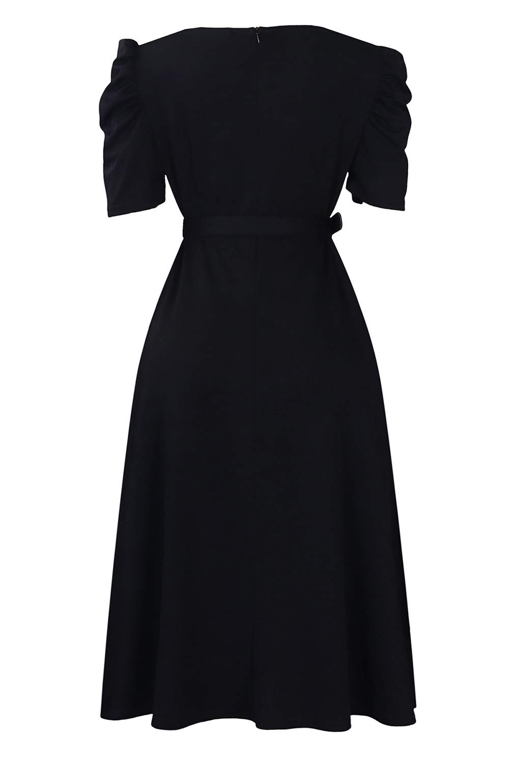 V-Neck Short Sleeve Ruched Waist Midi Dress