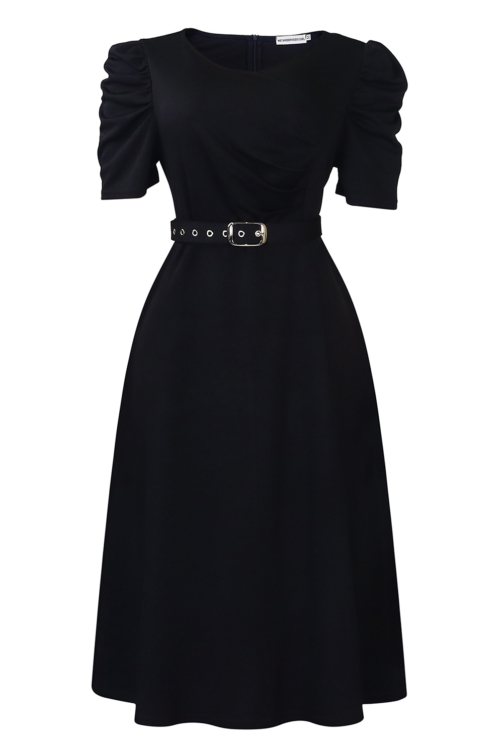 V-Neck Short Sleeve Ruched Waist Midi Dress