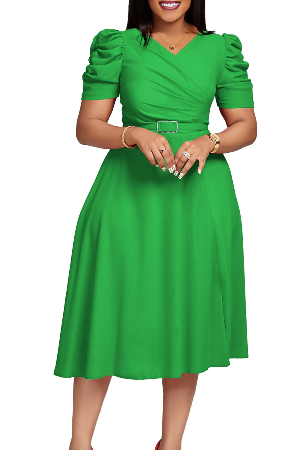 V-Neck Short Sleeve Ruched Waist Midi Dress