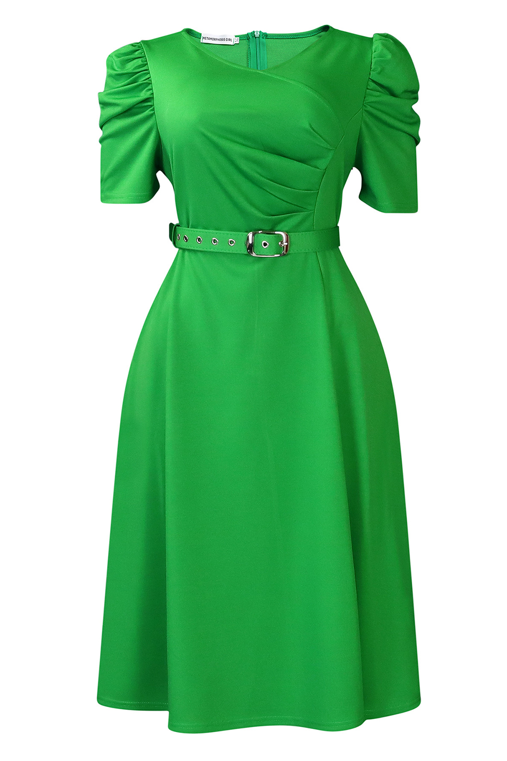 V-Neck Short Sleeve Ruched Waist Midi Dress