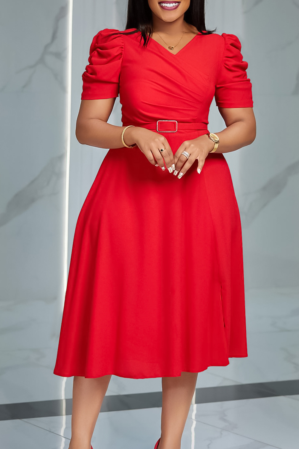 V-Neck Short Sleeve Ruched Waist Midi Dress