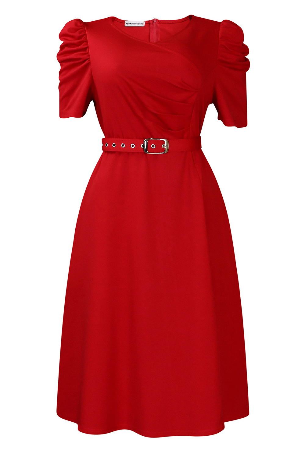 V-Neck Short Sleeve Ruched Waist Midi Dress