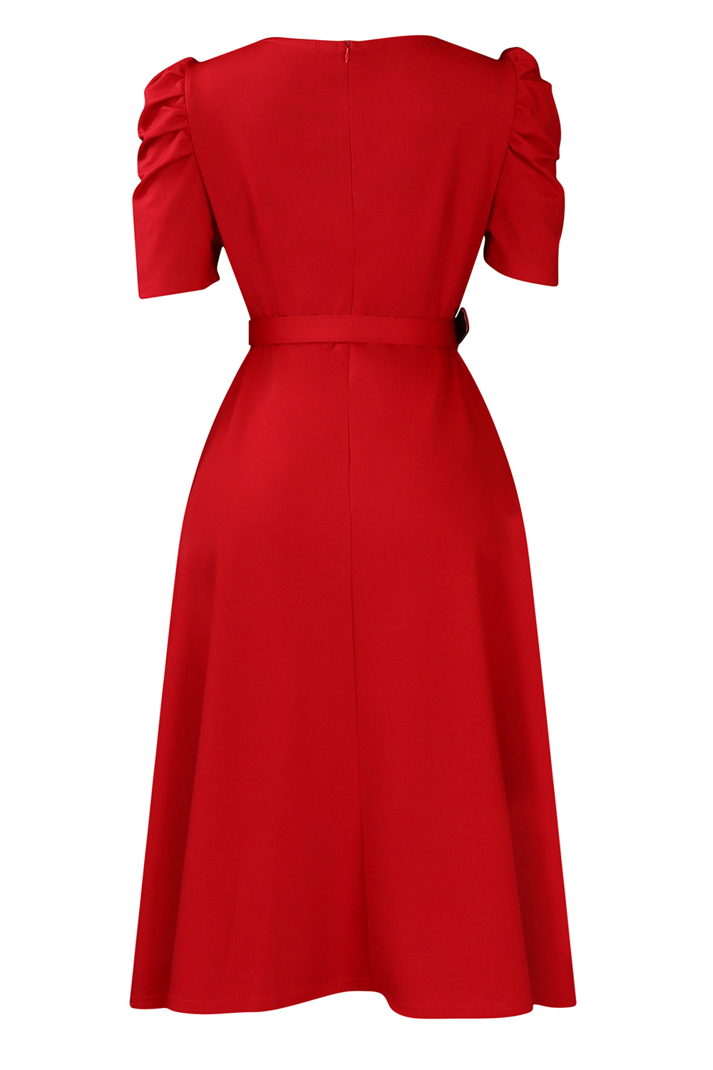 V-Neck Short Sleeve Ruched Waist Midi Dress