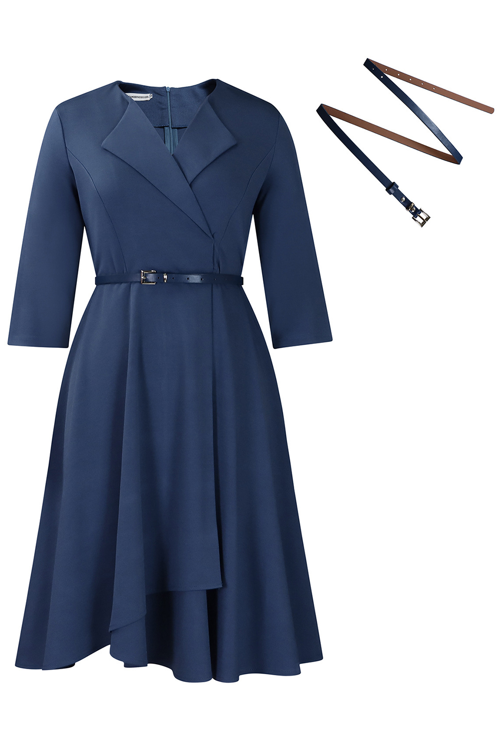 Collared Three-Quarter Sleeve Ruched Waist Cocktail Dress