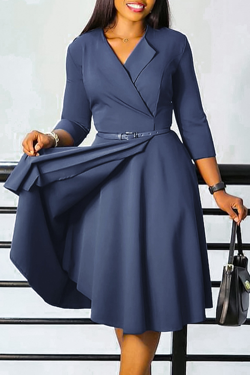 Collared Three-Quarter Sleeve Ruched Waist Cocktail Dress