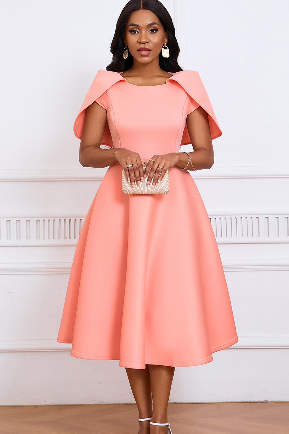 Round Neck Ruched Short Sleeve Knee-Length Cocktail Dress