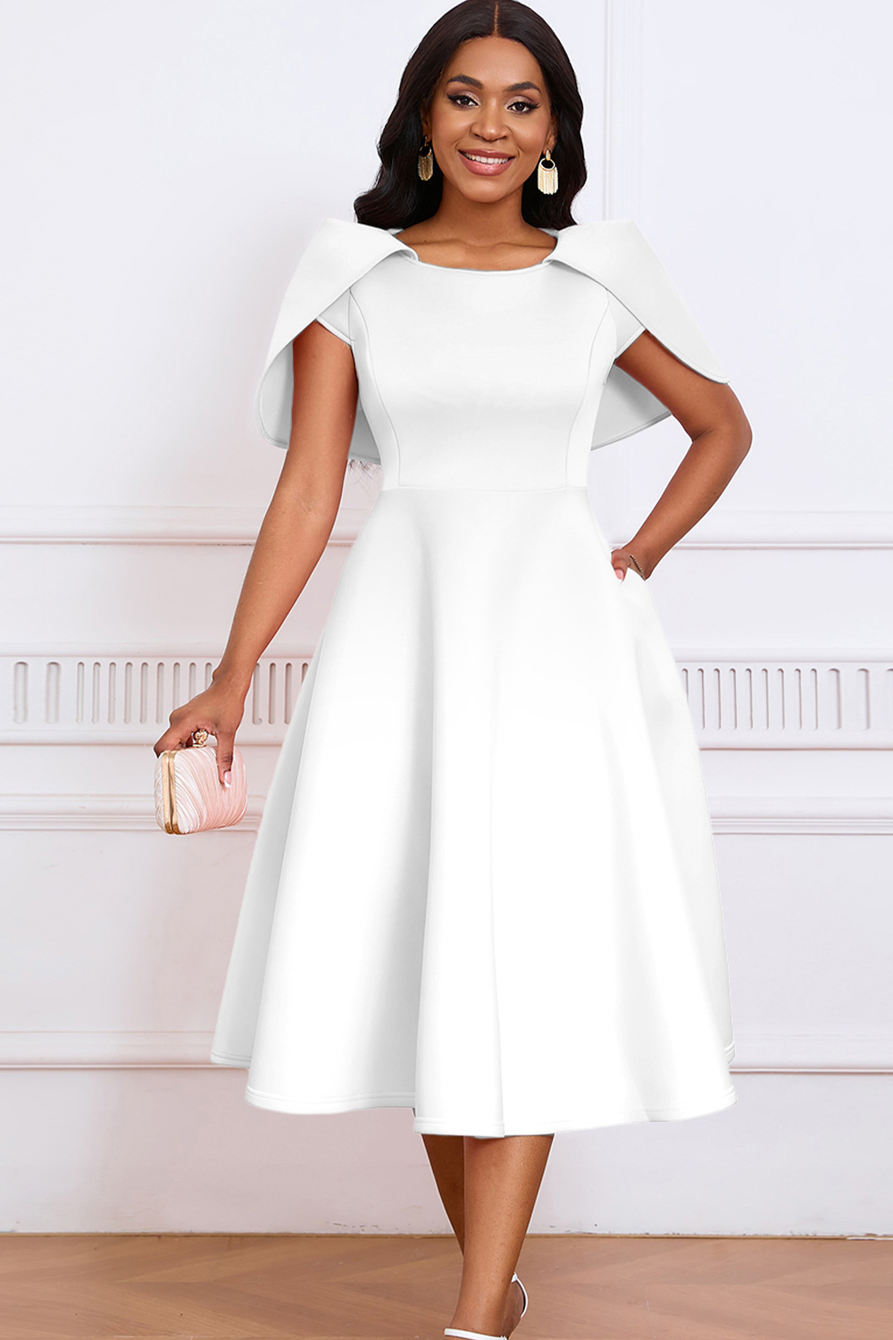 Round Neck Ruched Short Sleeve Knee-Length Cocktail Dress