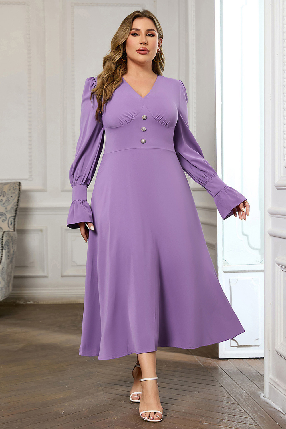 2024 Sexy V-Neck Long Sleeve Fitted Tea Dress with Flared Skirt in Violet
