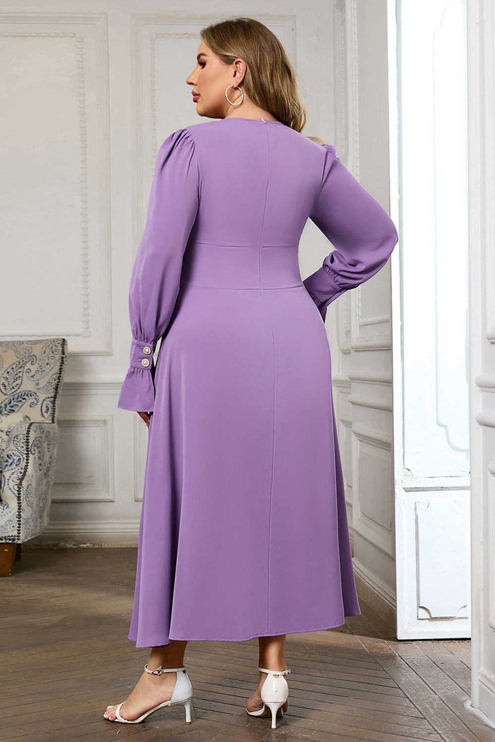 2024 Sexy V-Neck Long Sleeve Fitted Tea Dress with Flared Skirt in Violet