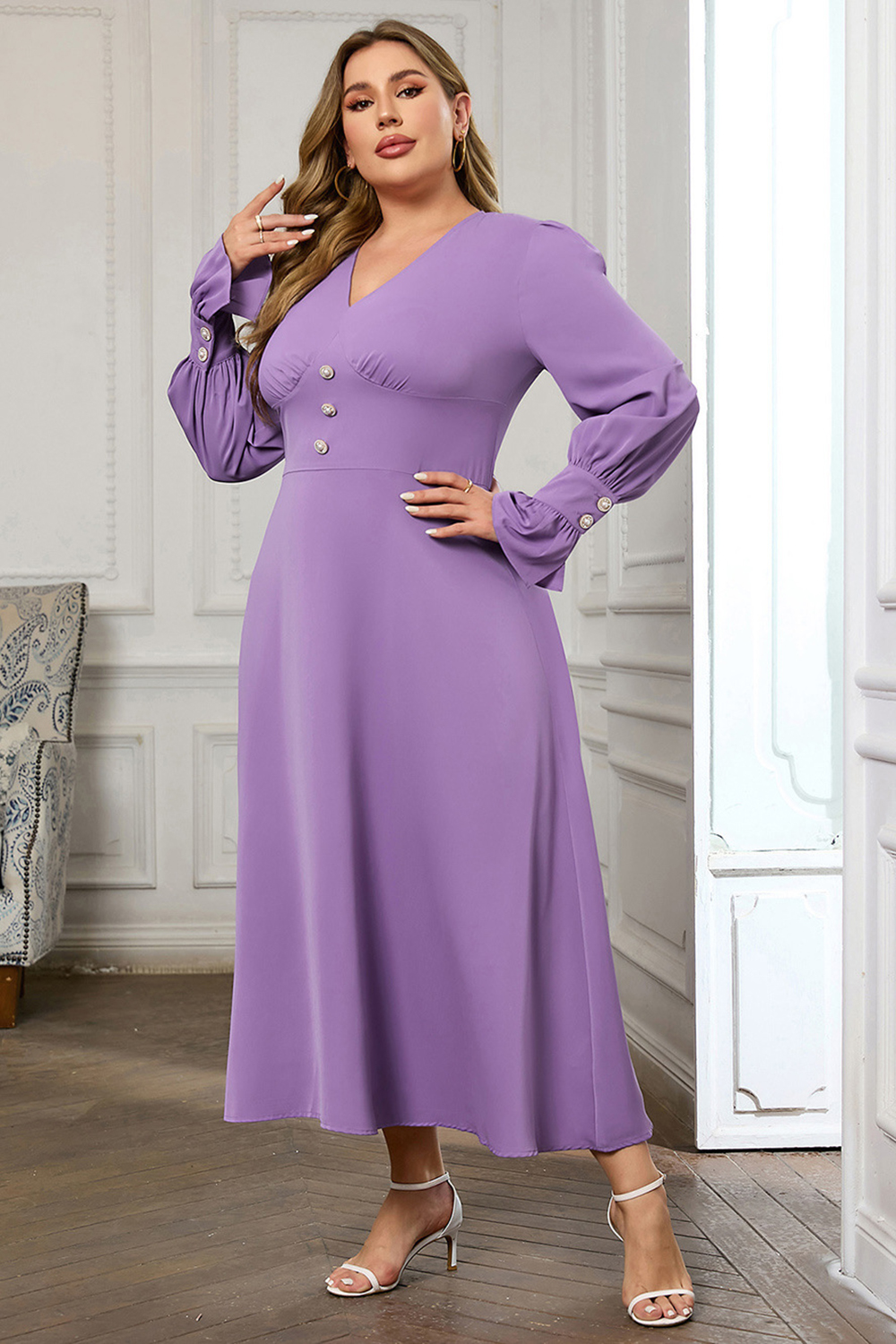 2024 Sexy V-Neck Long Sleeve Fitted Tea Dress with Flared Skirt in Violet