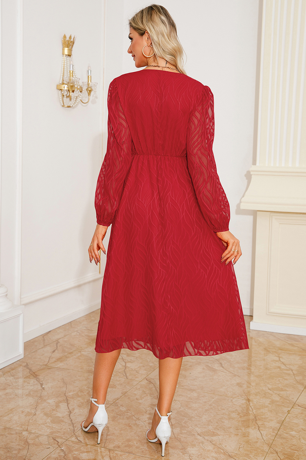 2024 Vintage V-Neck Jacquard Long Sleeve A-Line Dress