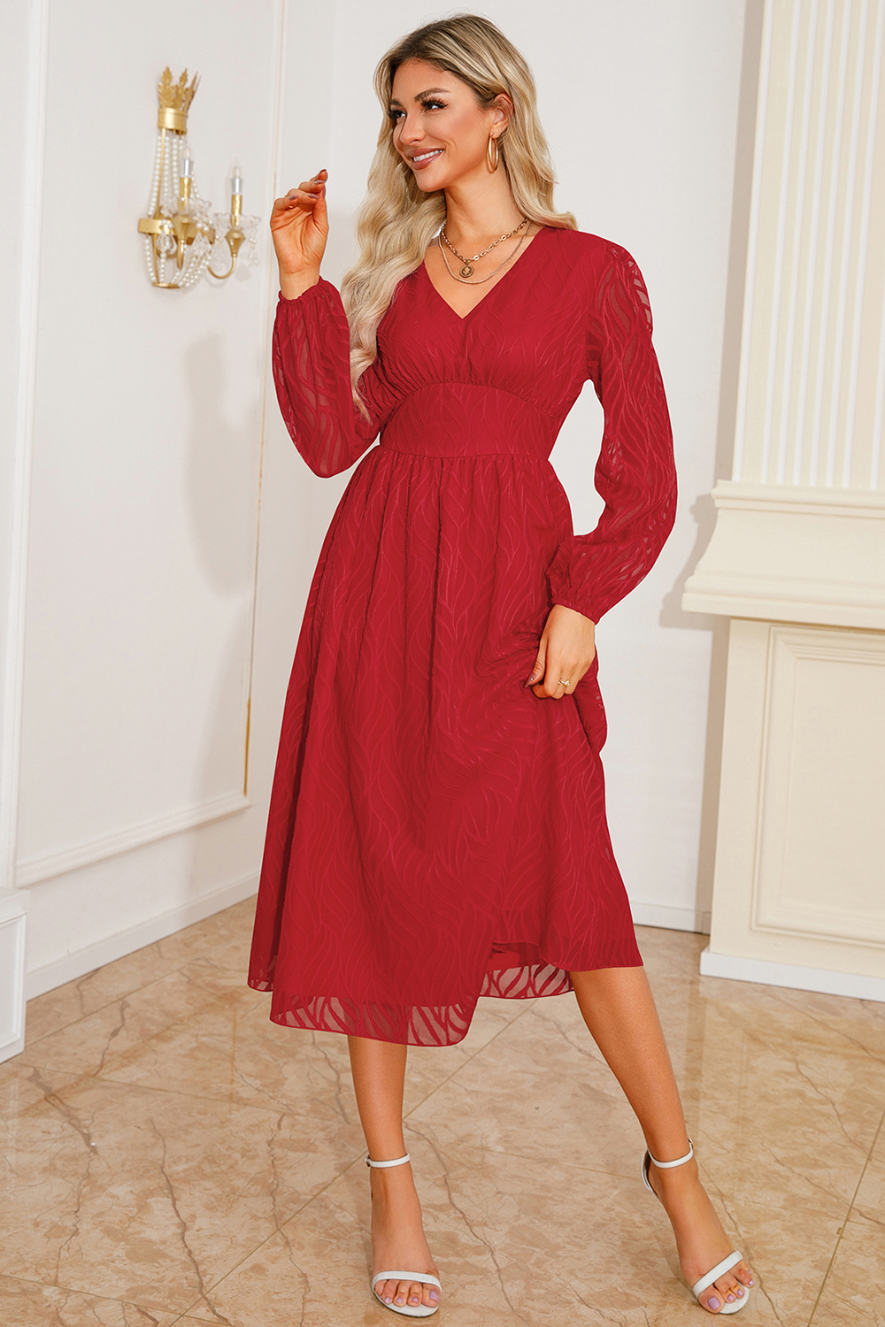 2024 Vintage V-Neck Jacquard Long Sleeve A-Line Dress