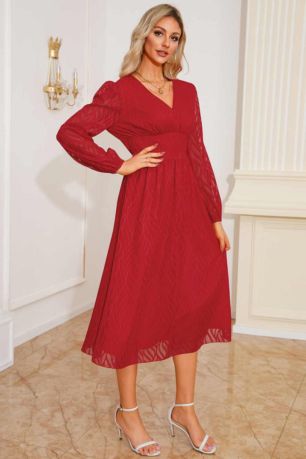 2024 Vintage V-Neck Jacquard Long Sleeve A-Line Dress