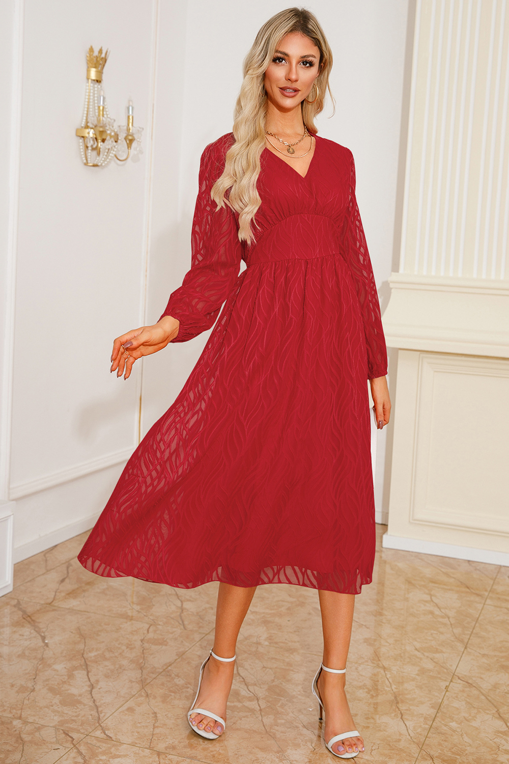 2024 Vintage V-Neck Jacquard Long Sleeve A-Line Dress