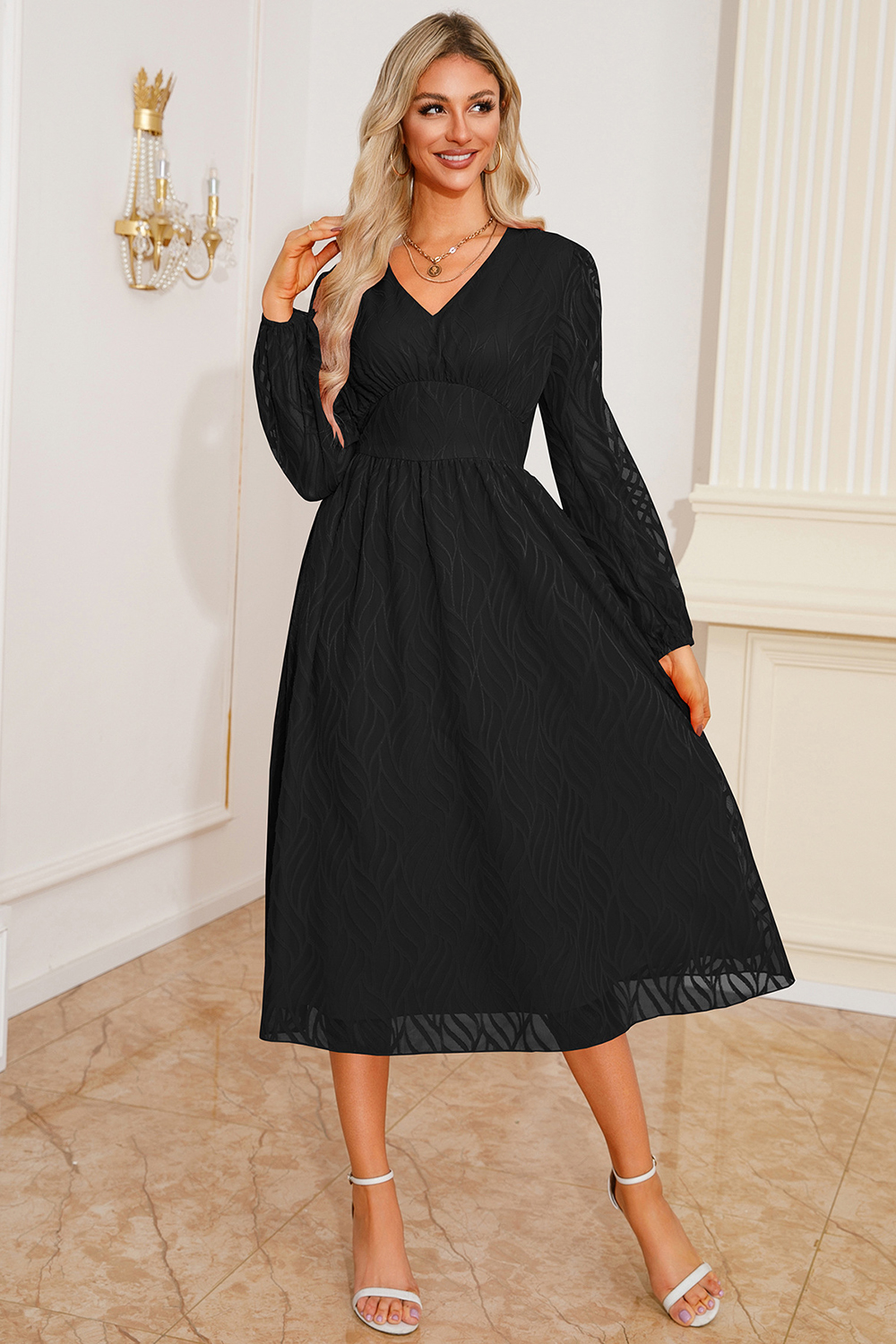 2024 Vintage V-Neck Jacquard Long Sleeve A-Line Dress