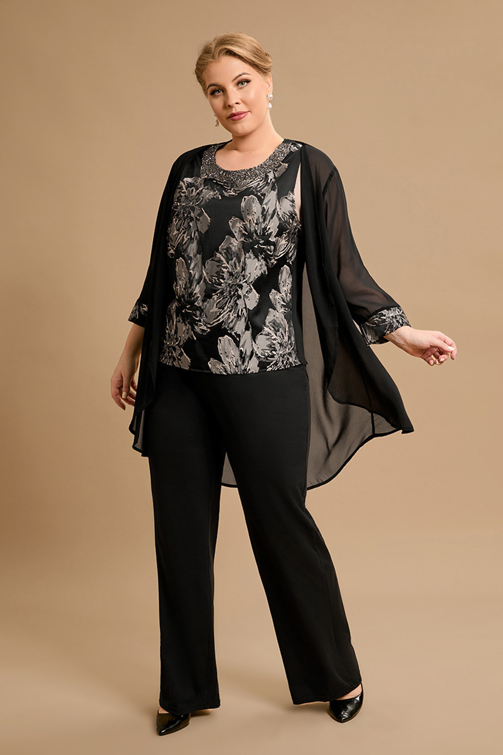 Plus Size Women's 3/4 Sleeve Top and Pants Three-Piece Set