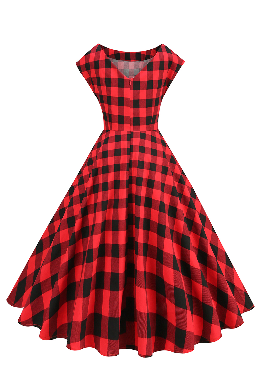  Elegant Red Checkered A-Line Tea Dress