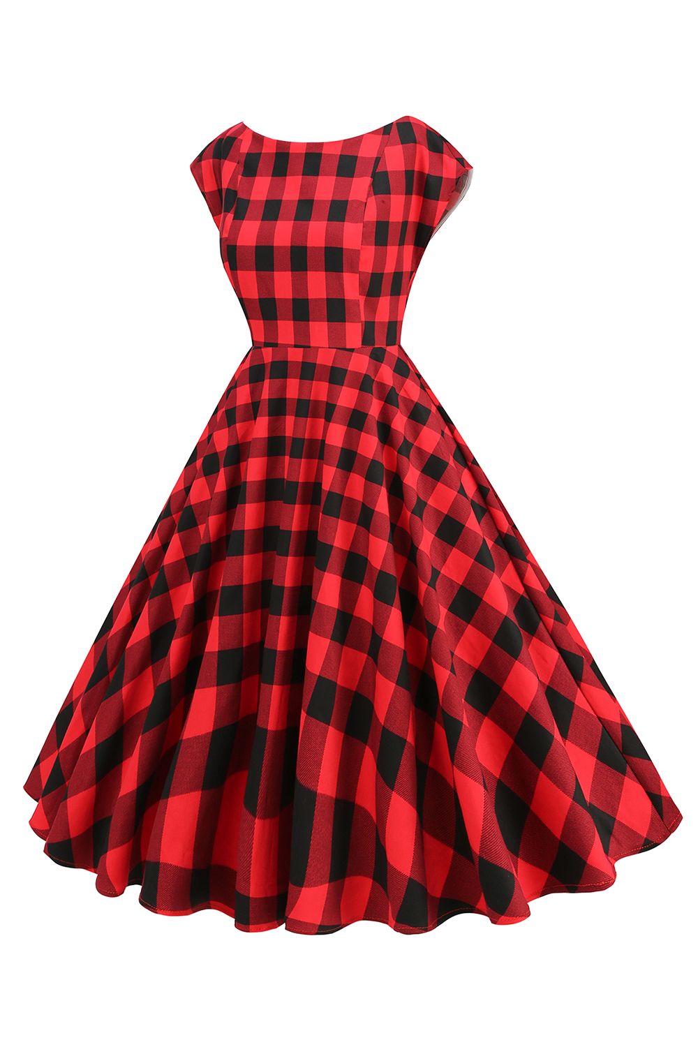  Elegant Red Checkered A-Line Tea Dress