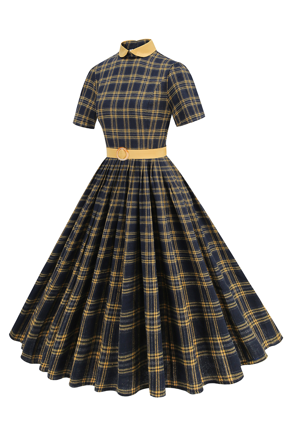 Plaid A-Line Midi Dress with Round Neck and Tie Waist – Short Sleeve Casual Summer Dress